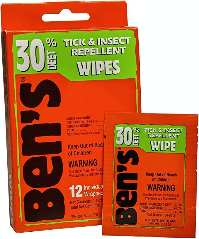 Ben's 30% DEET wipes 24-pack close-up label highlights active formula