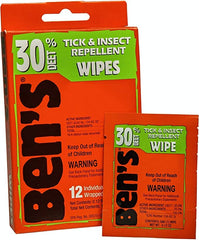 Ben's 30% DEET wipes 24-pack close-up label highlights active formula