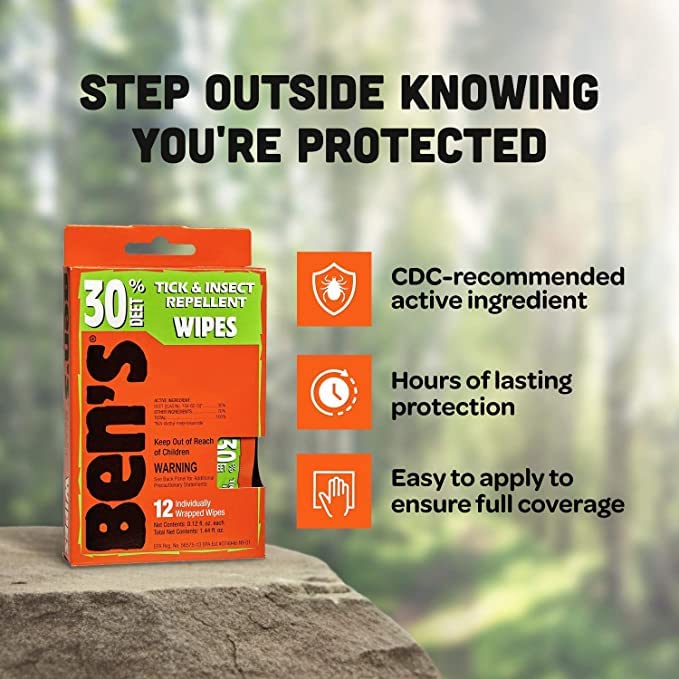 Ben's 30% DEET wipes single wipe wrap shows individual packaging for travel