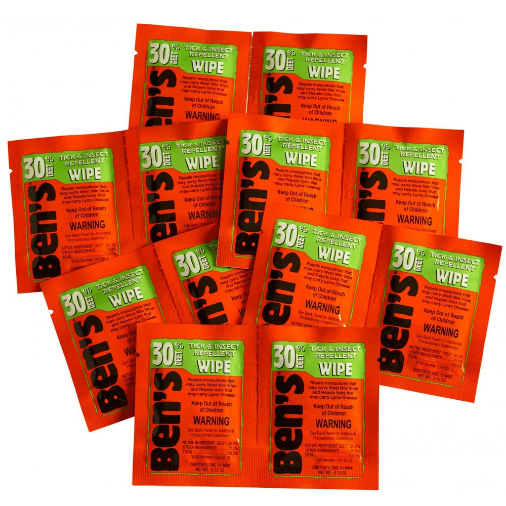 Ben's 30% DEET wipes individually wrapped for travel convenience
