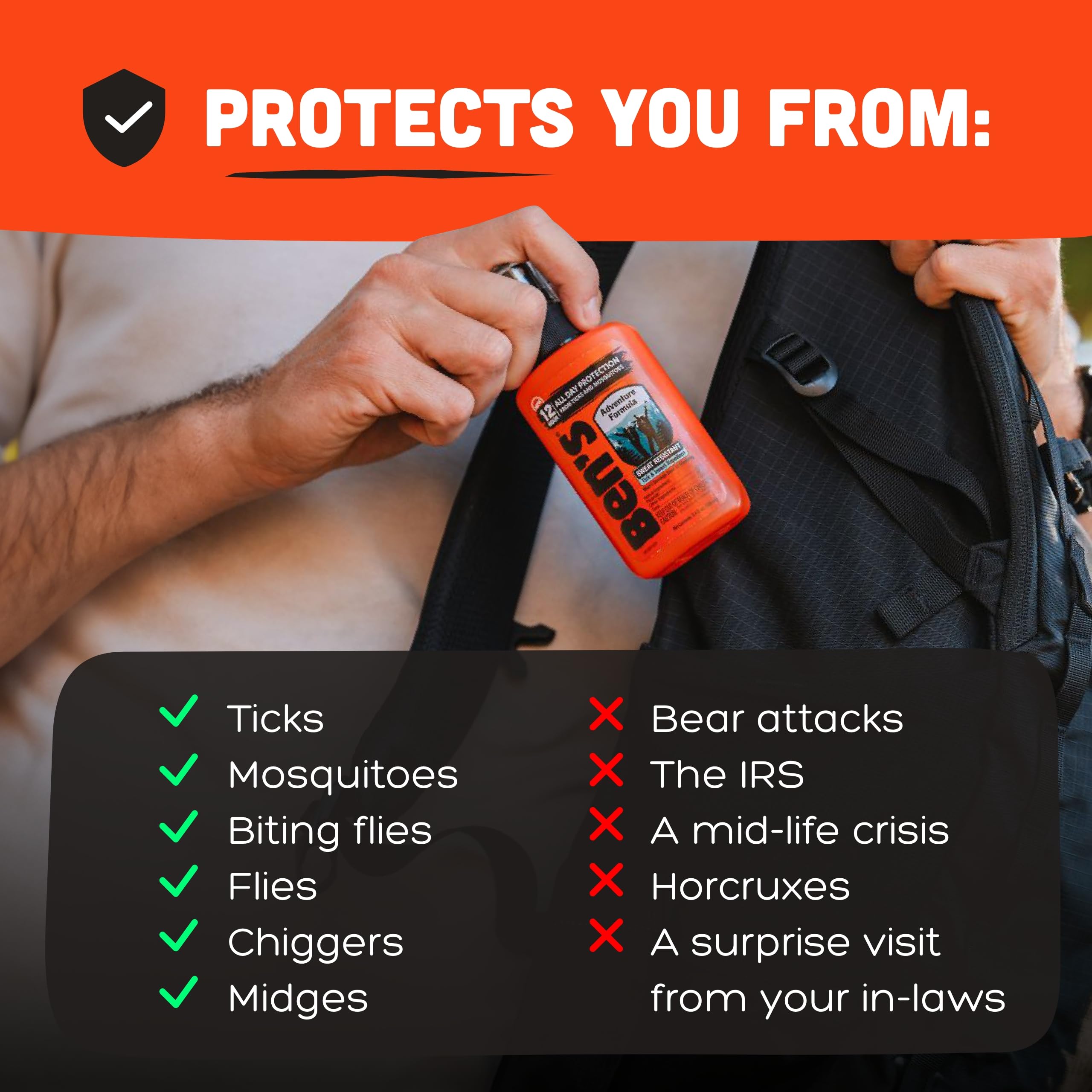 Ben's Adventure Formula sweat-resistant protection during active days.