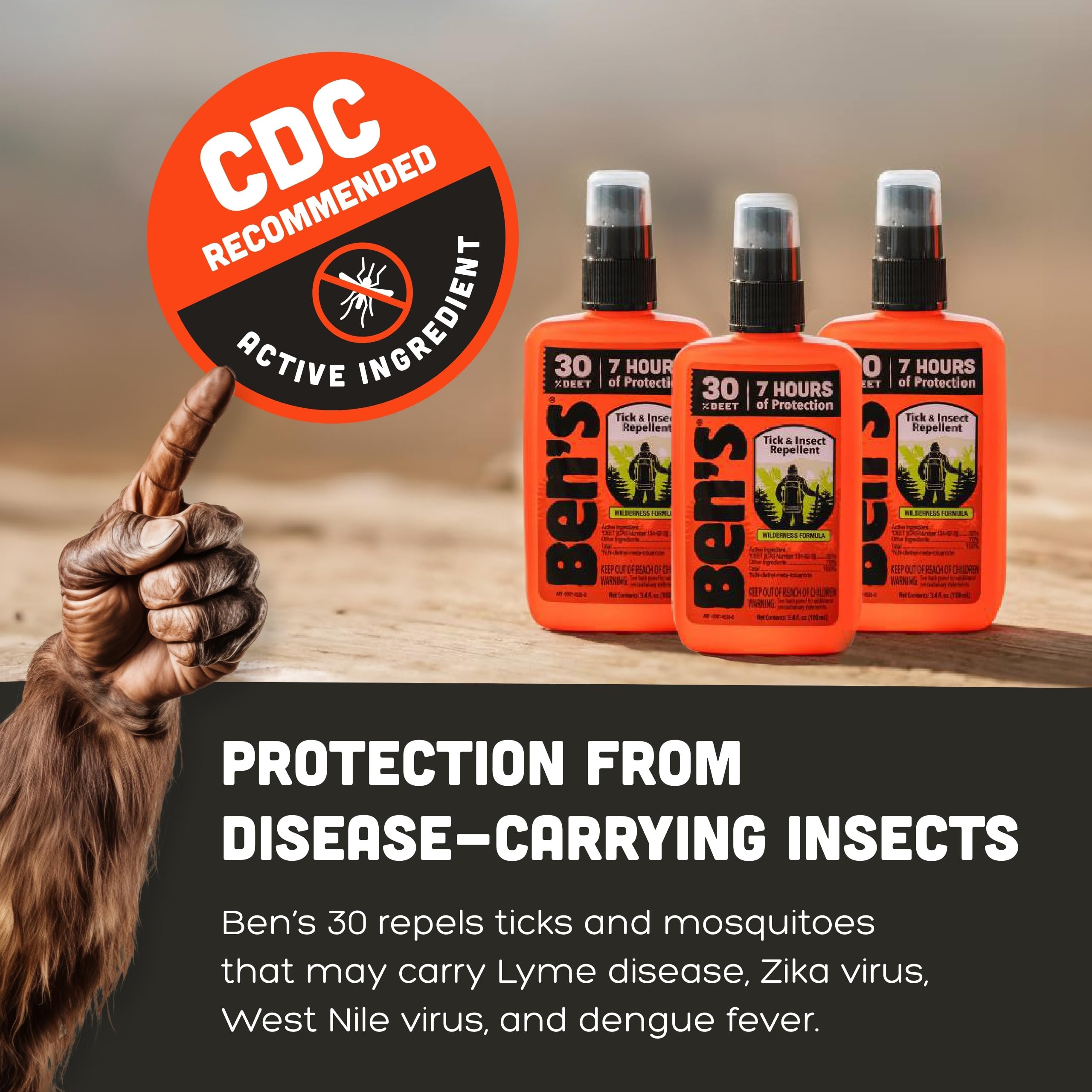 Outdoor trail scene showing Ben's protection during hikes and camping.