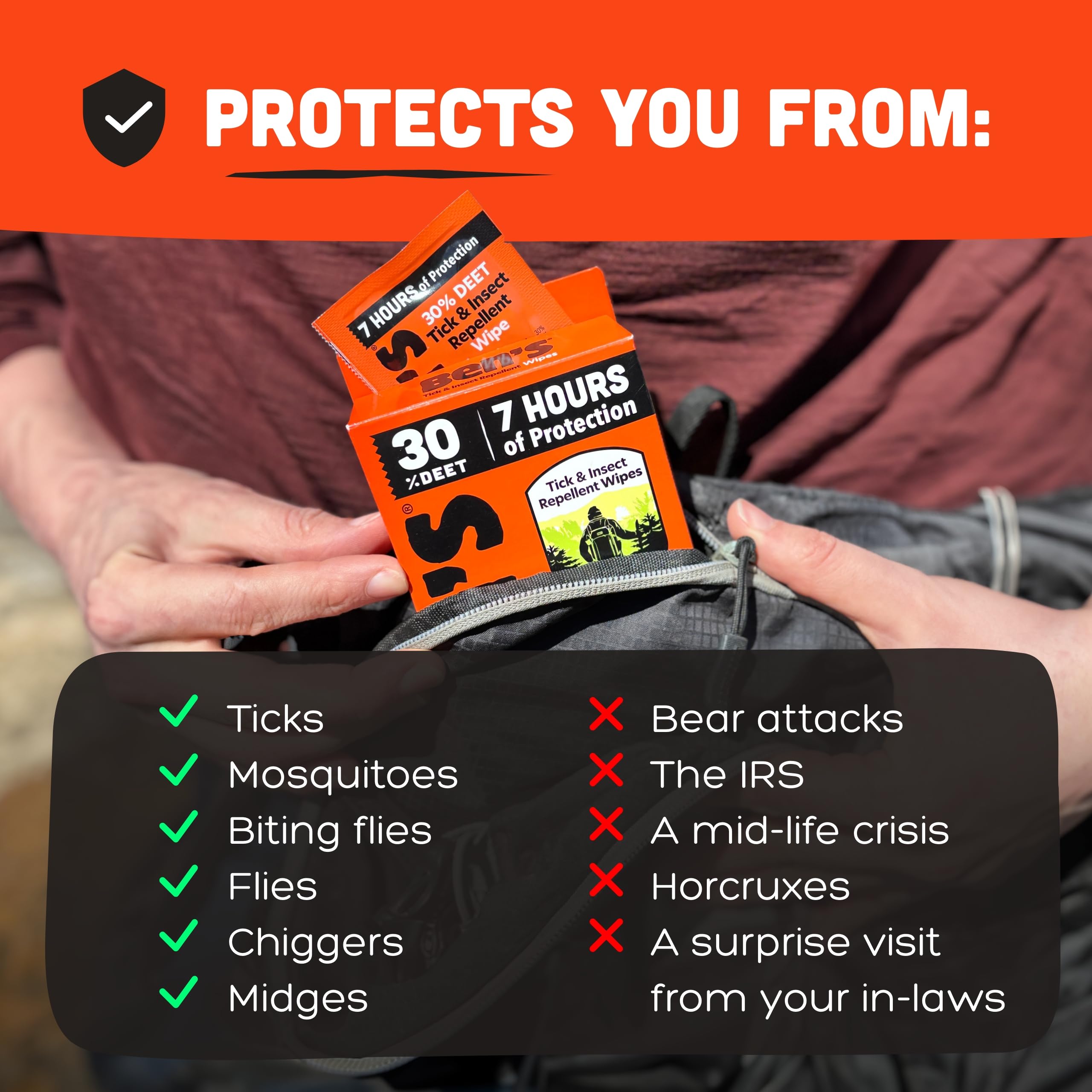 Travel-size Ben's wipes ideal for trips and airport carry-ons
