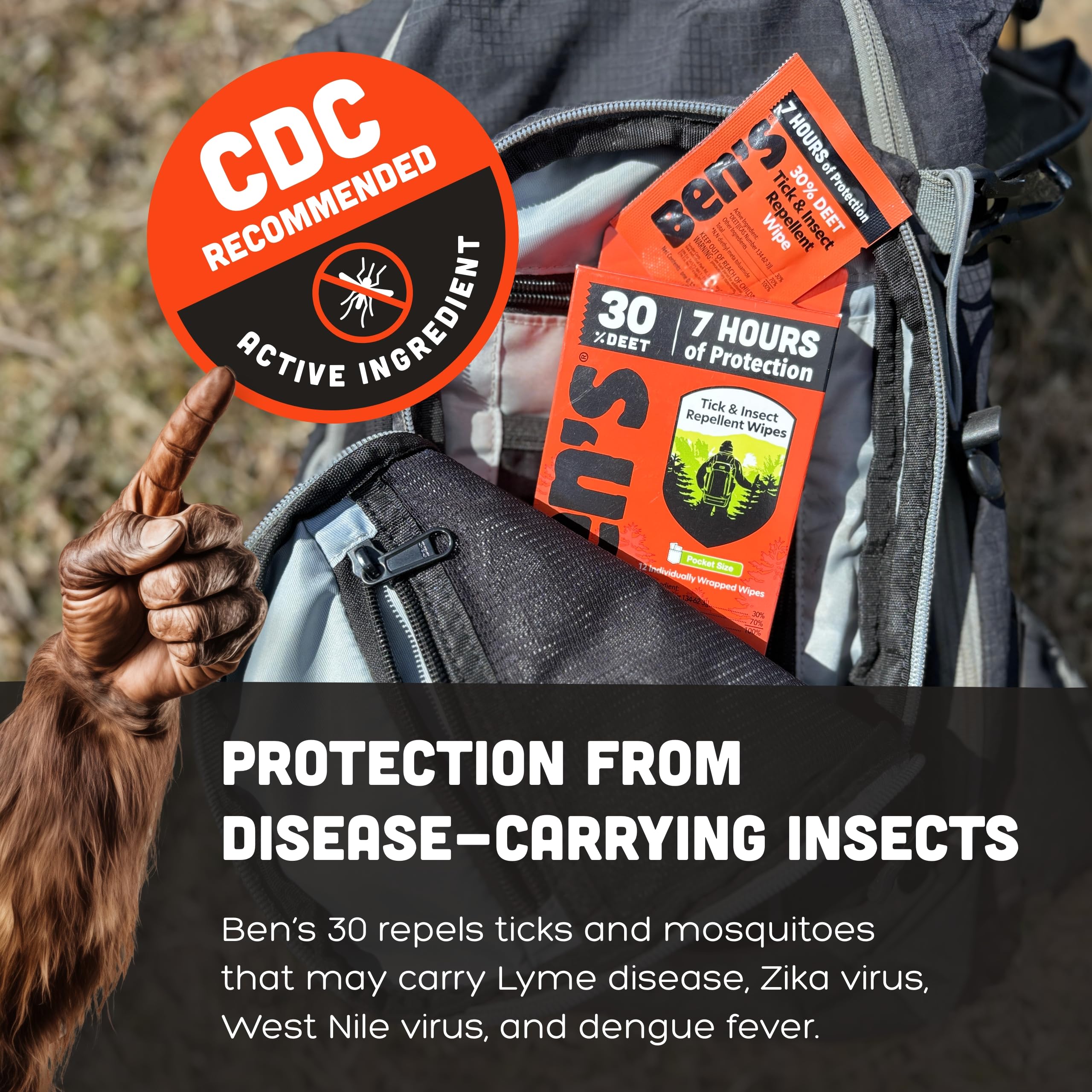 Water-based, alcohol-free formula of Ben's Tick & Insect Repellent Wipes