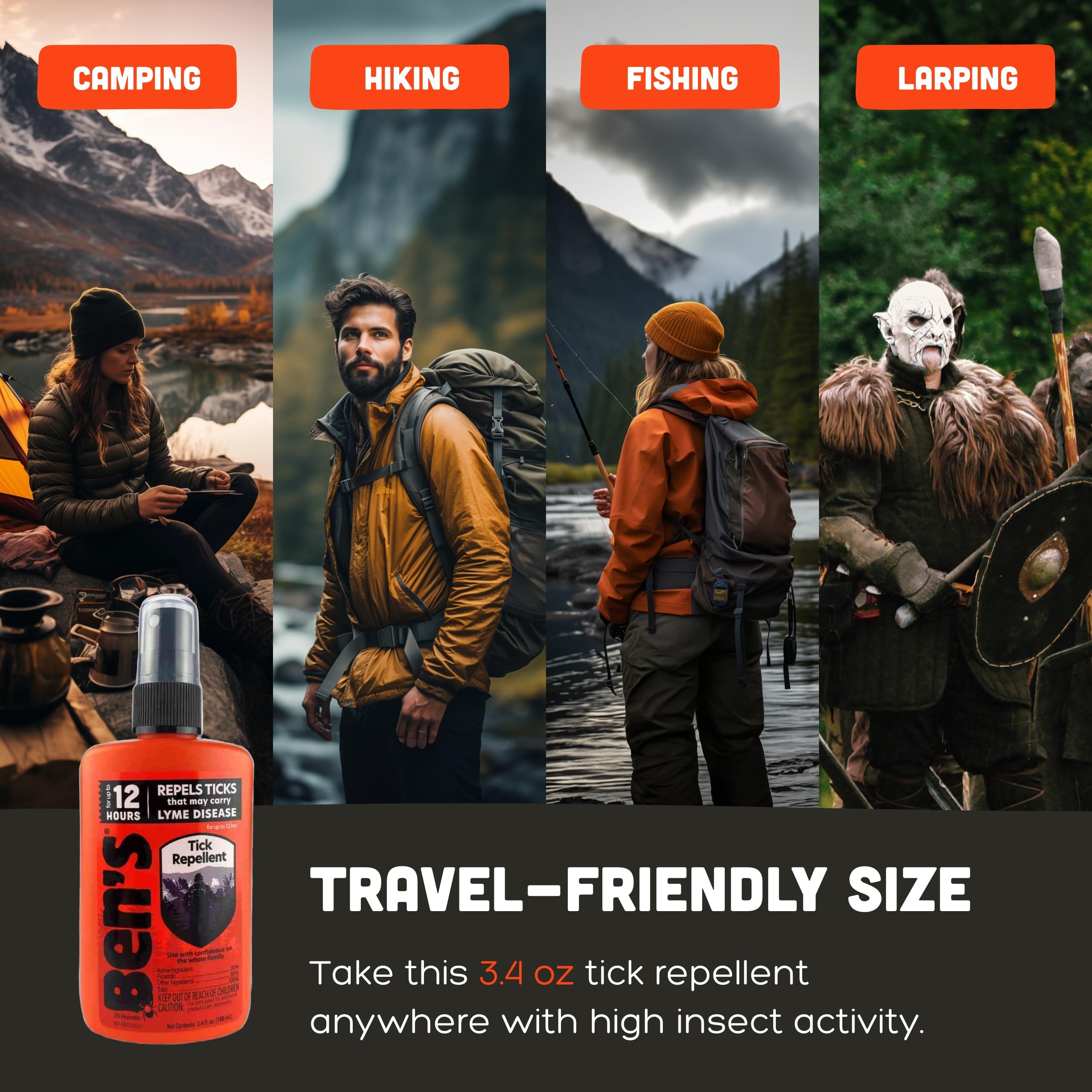 Ben's Tick Repellent in a backpack, ready for hiking gear.