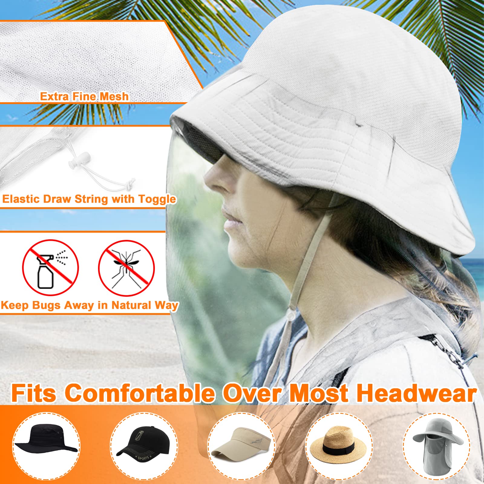 Benvo Mosquito Head Net neck drawstring demonstrates adjustable fit under hats