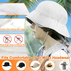 Benvo Mosquito Head Net neck drawstring demonstrates adjustable fit under hats