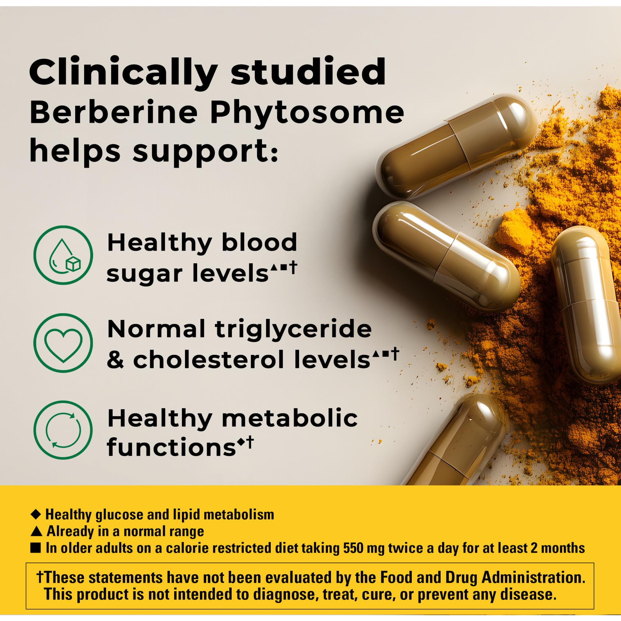Berberine Phytosome capsules label close-up showing 1100 mg daily dosage detail.