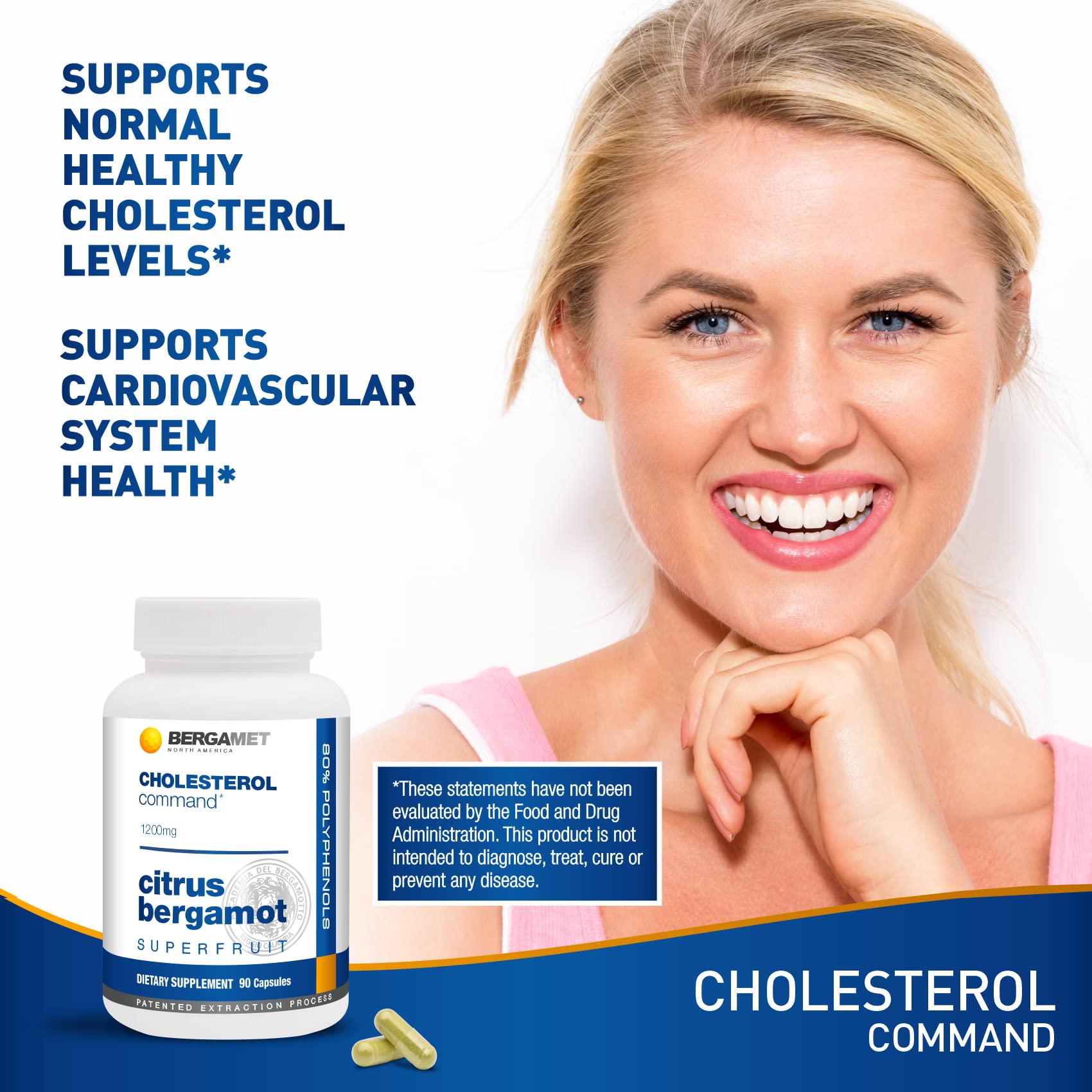 Close-up of Cholesterol Command capsules highlighting vegan-friendly bergamot extract.