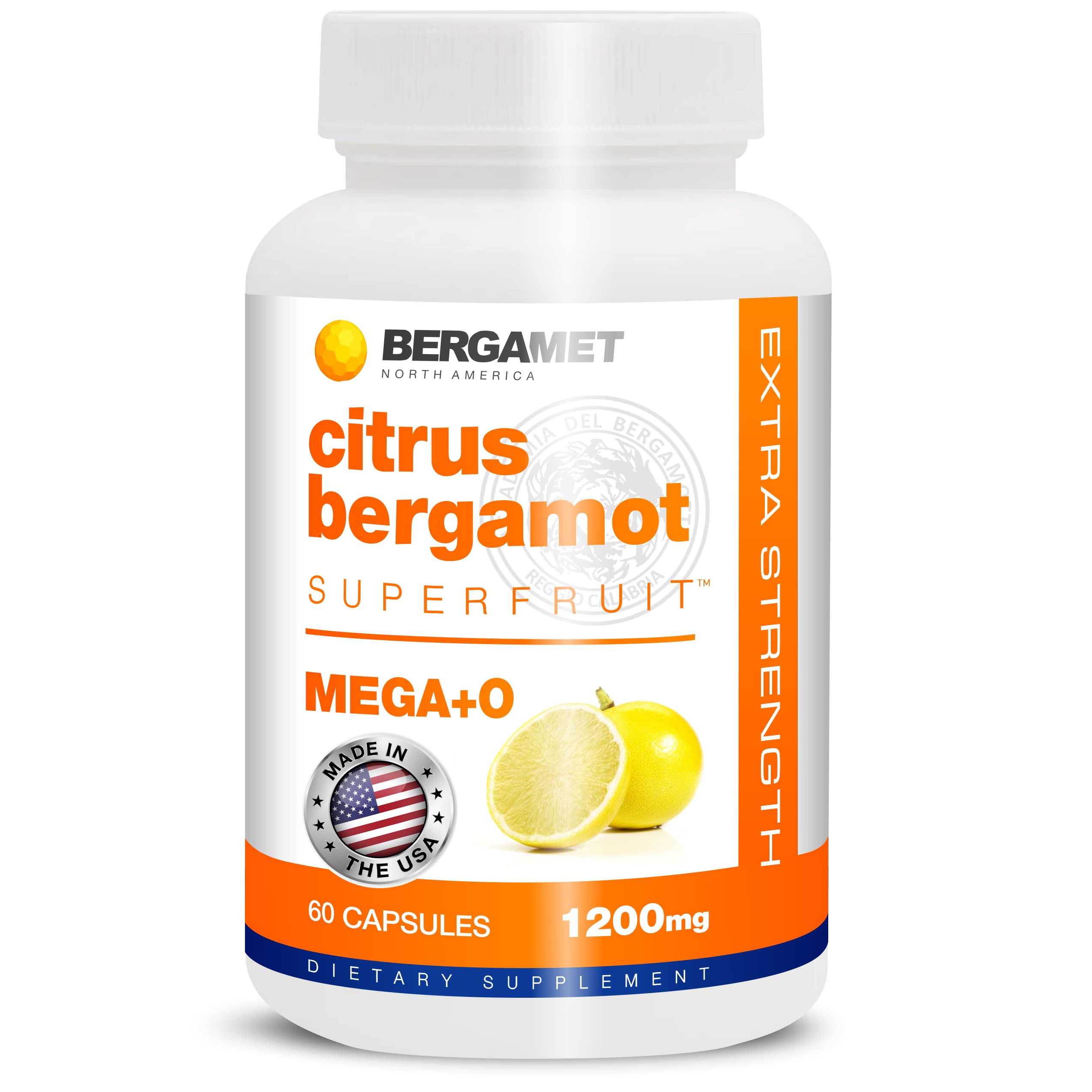 BergaMet citrus bergamot capsules on white, highlighting 1200 mg dosage.