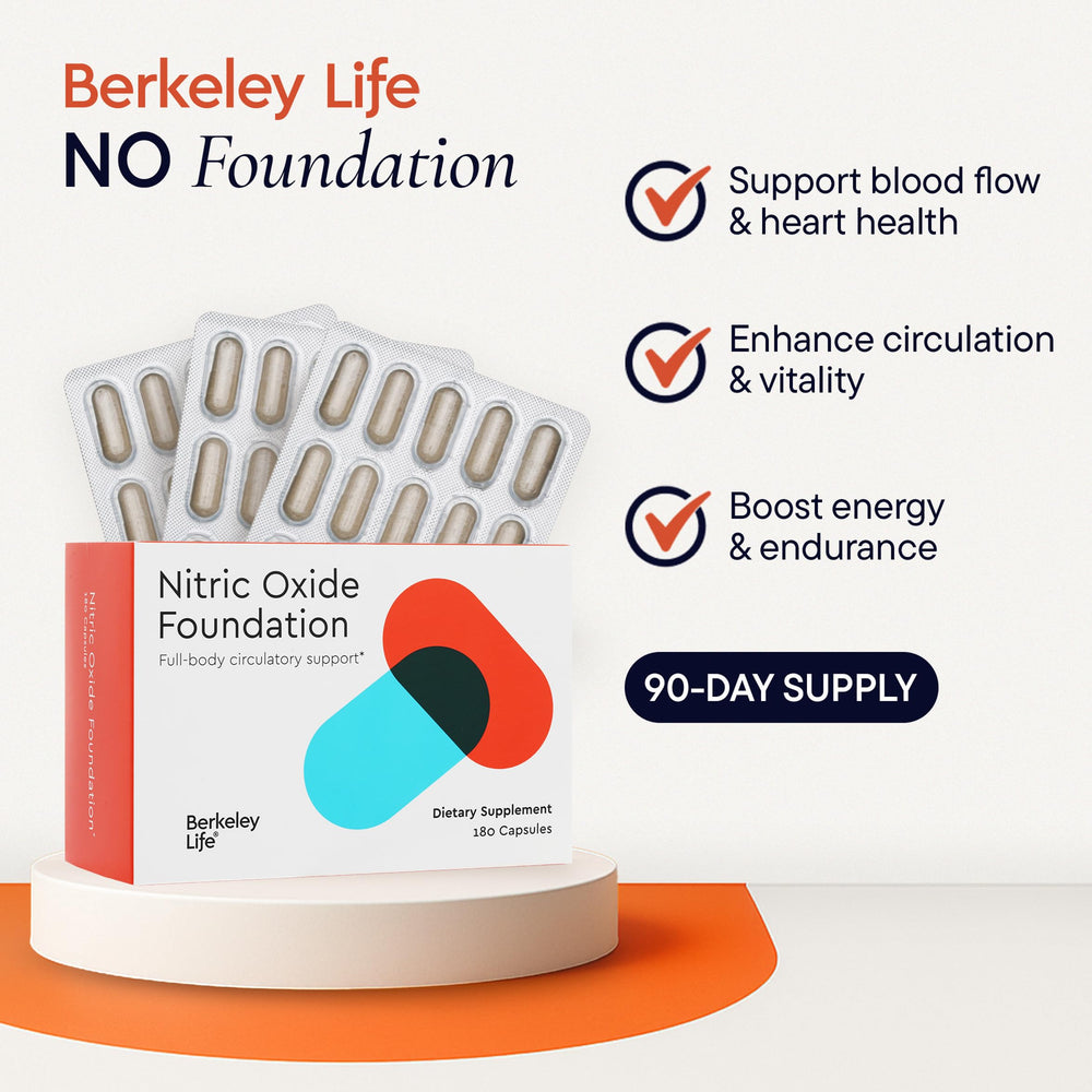 Close-up of Berkeley Life Nitric Oxide capsules for daily energy and circulation.