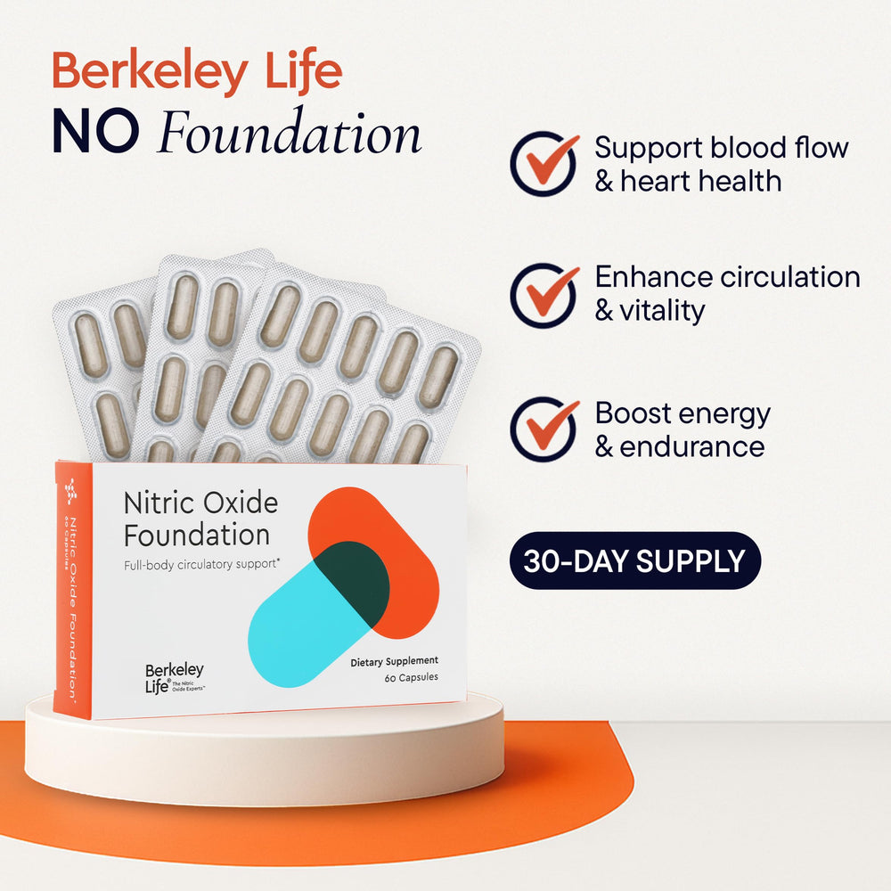 Berkeley Life Nitric Oxide capsules on a table for daily energy potential