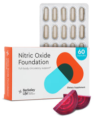 Berkeley Life Nitric Oxide supplement bottle close-up promoting blood flow support