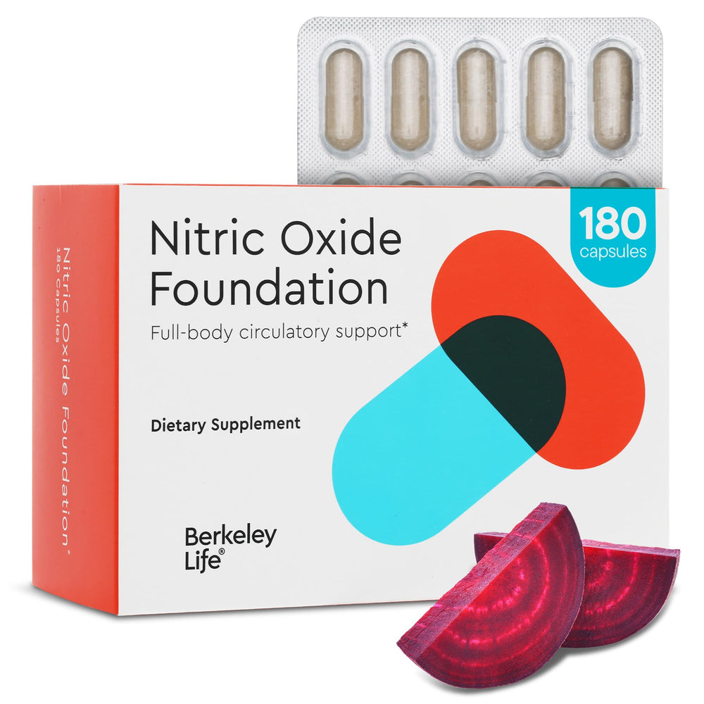 Berkeley Life Nitric Oxide supplement bottle demonstrates the product for enhanced blood flow support.