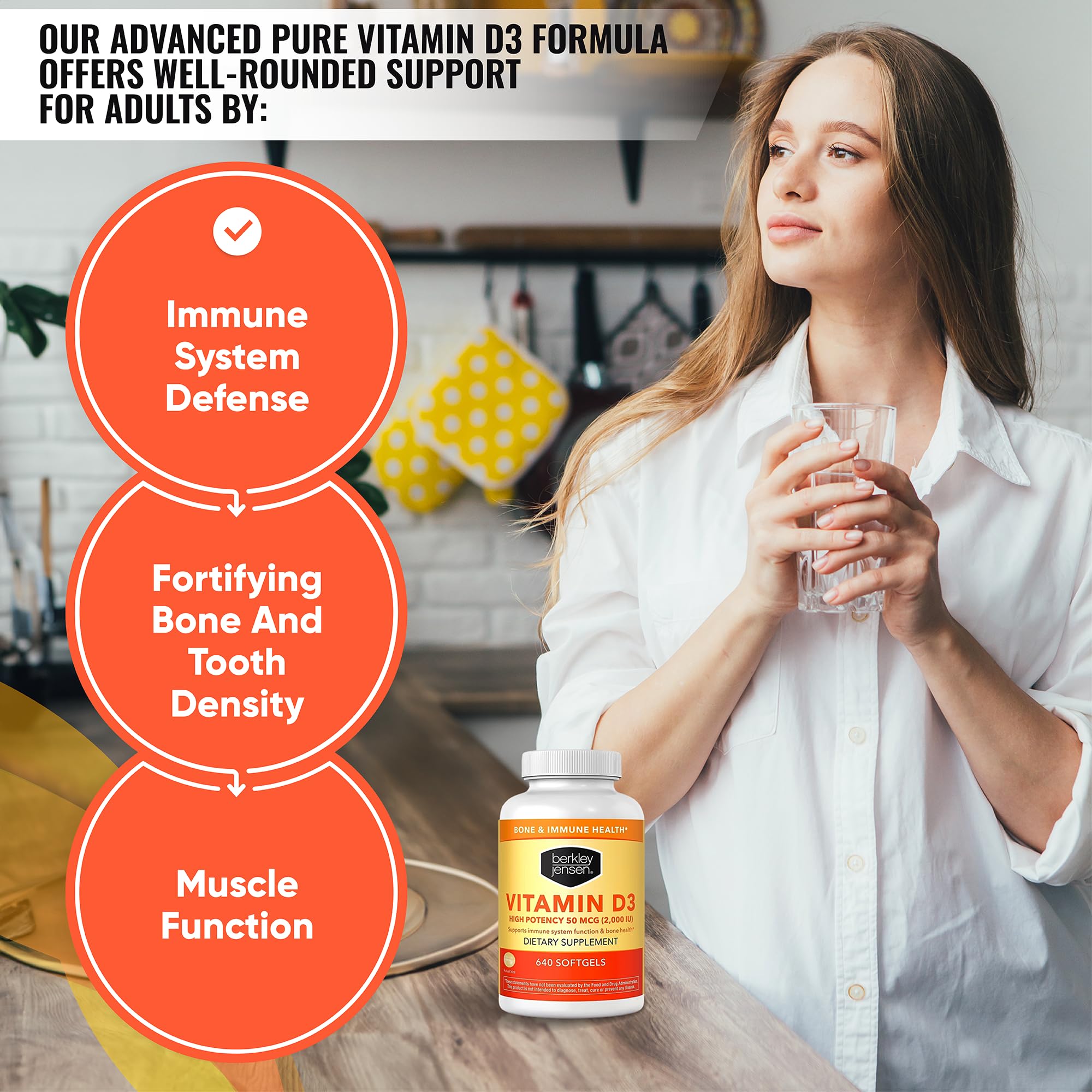 Berkley Jensen D3 softgels close-up showing smooth, easy-to-swallow capsules