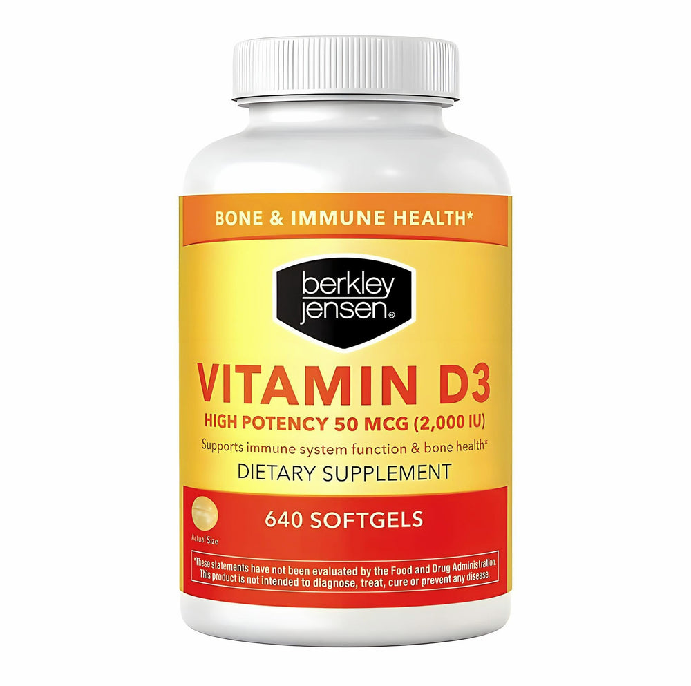 Berkley Jensen Vitamin D3 softgel bottle front view for daily bone and immune support