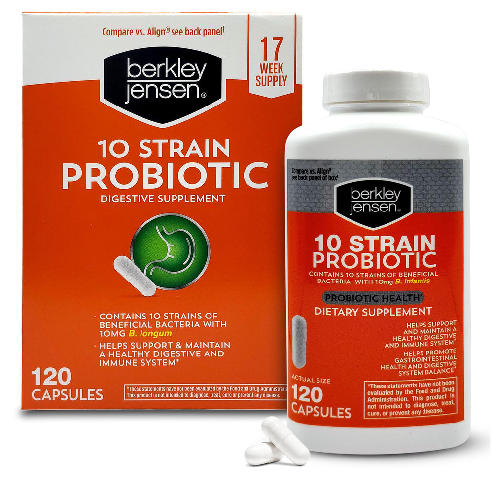 Berkley Jensen Natural 10-Strain Probiotic bottle front view for daily digestive support