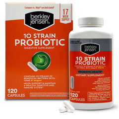 Berkley Jensen Natural 10-Strain Probiotic bottle front view for daily digestive support