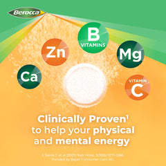 Berocca Energy orange effervescent tablet in a glass, supporting energy release from meals.