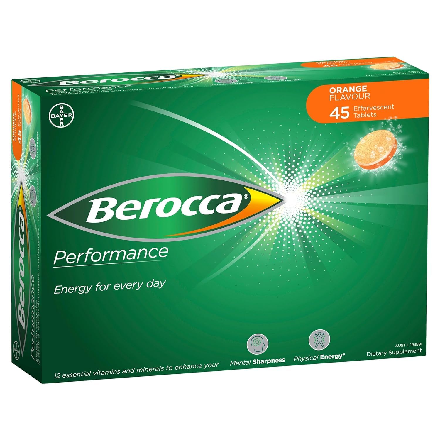 Berocca Orange packshot with 45-count bottle for daily vitamin routine