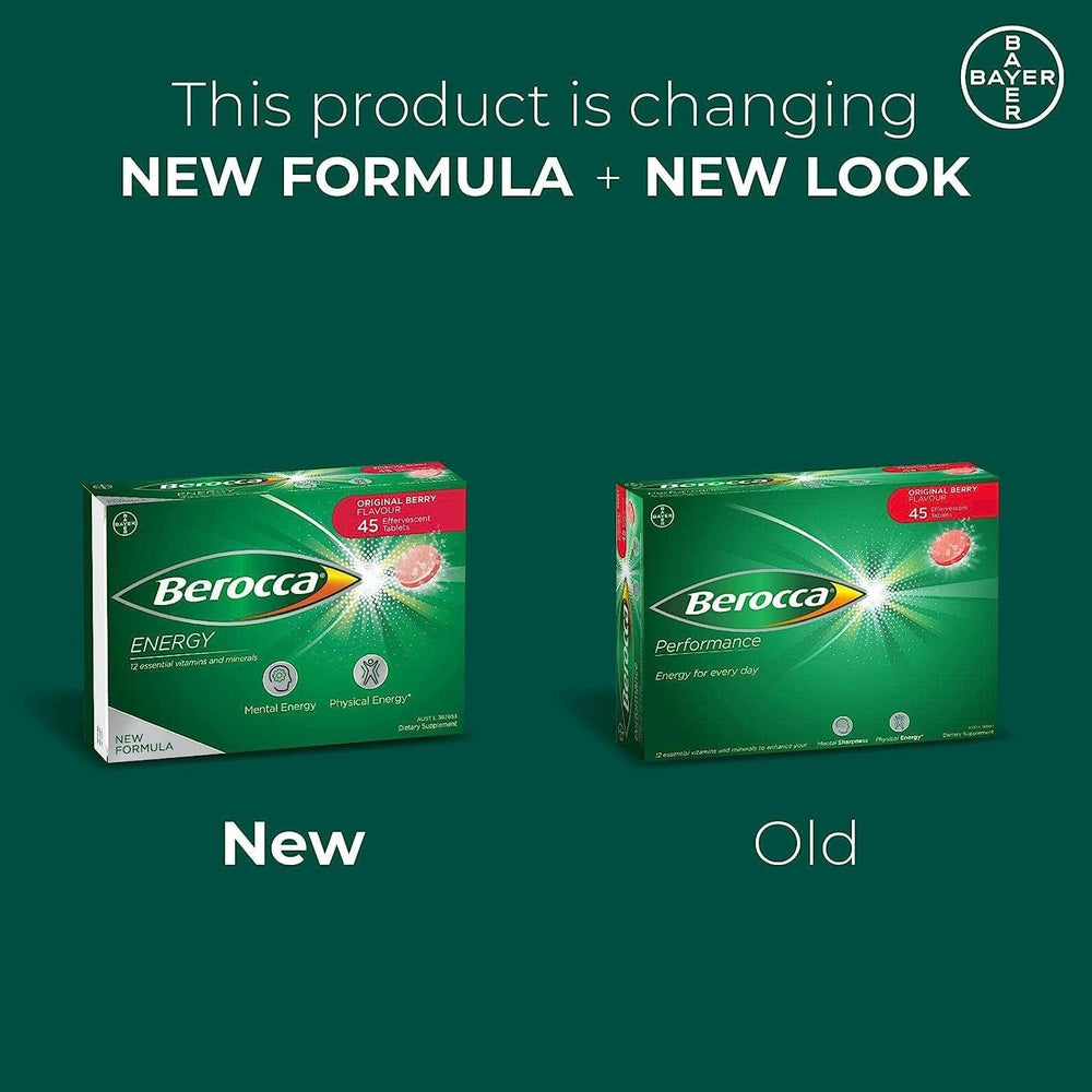 Berocca Performance Original Berry glass with tablets suggests refreshing intake for sustained energy