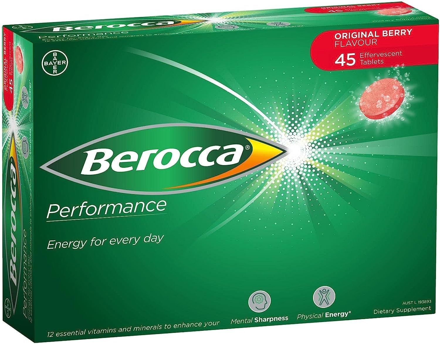 Berocca Performance Original Berry tablet close-up emphasizes fruity flavor and effervescence
