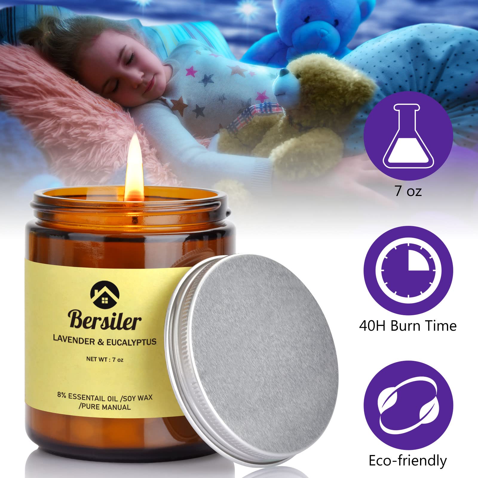Bersiler candle in bedroom setting—soothing scent for sleep-friendly ambiance.