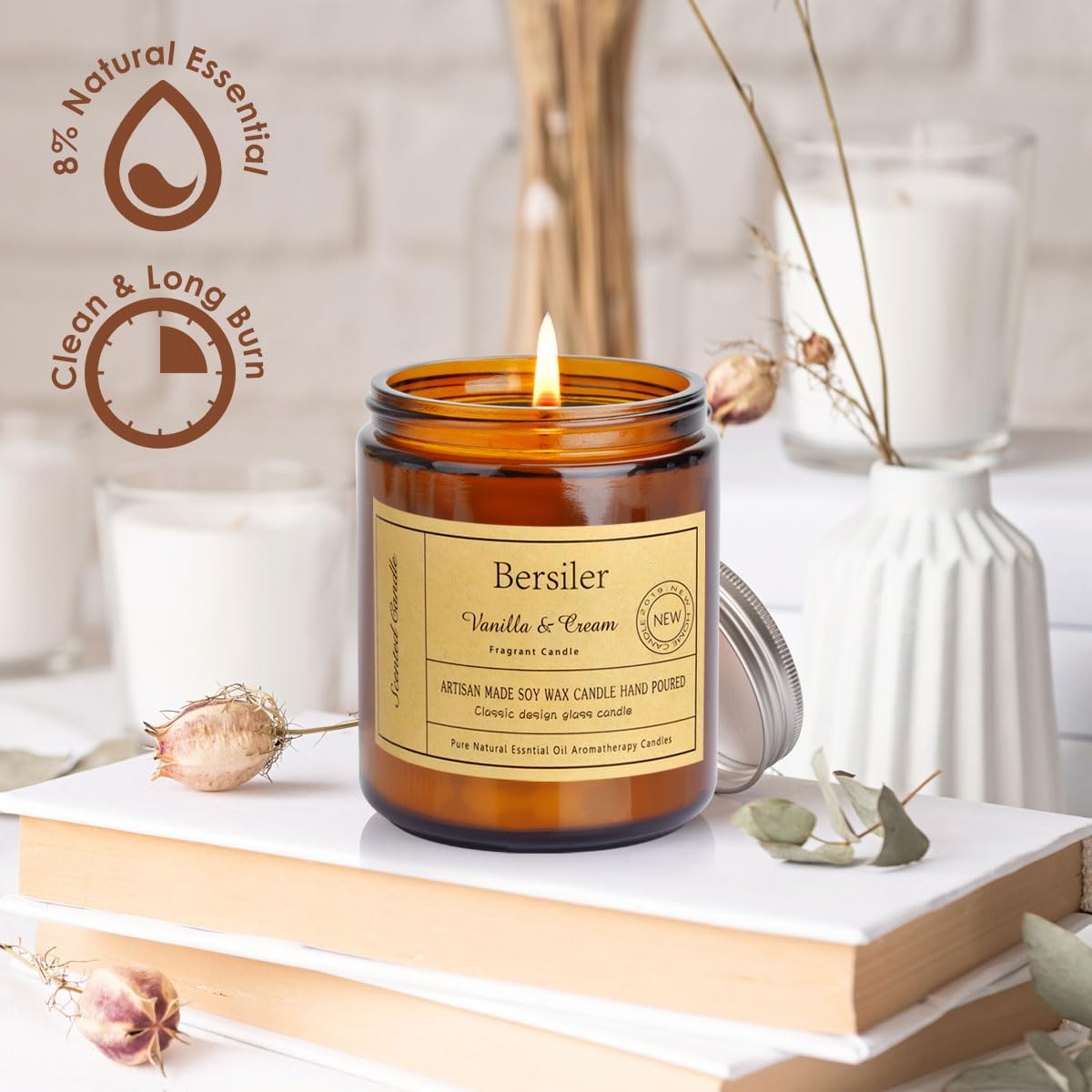 Bersiler Vanilla Cream Candle lit on dining table creating a cozy ambiance
