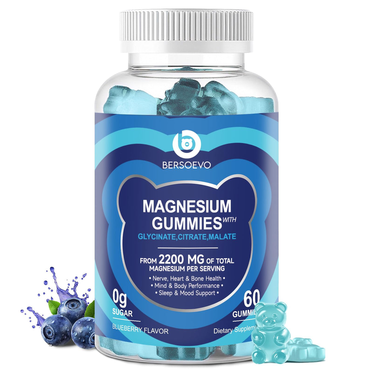 BERSOEVO Magnesium Glycinate Gummies bottle shows blueberry flavor and 60-count packaging for daily use.