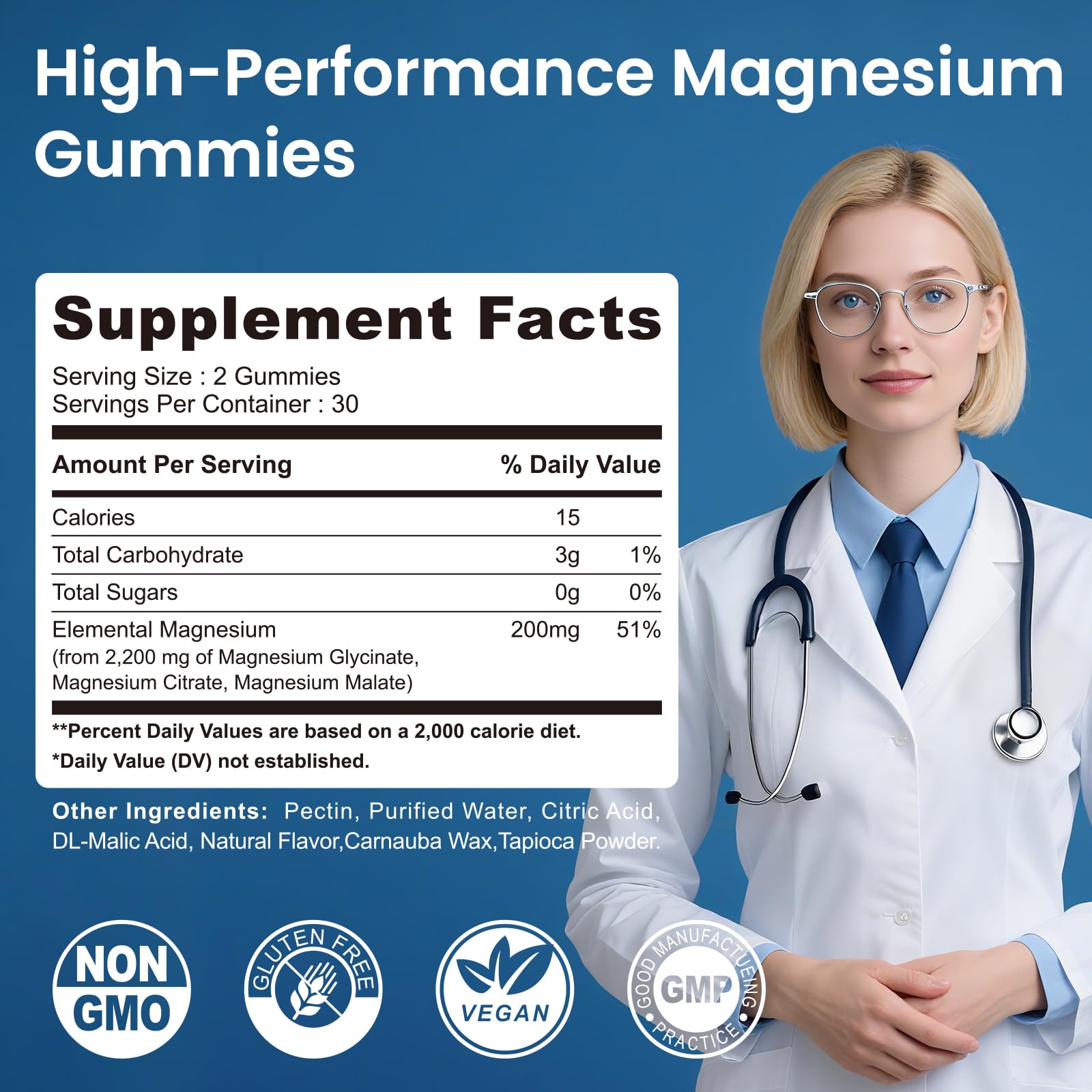 BERSOEVO Magnesium Glycinate Gummies close-up shows blueberry flavor and sugar-free formulation.