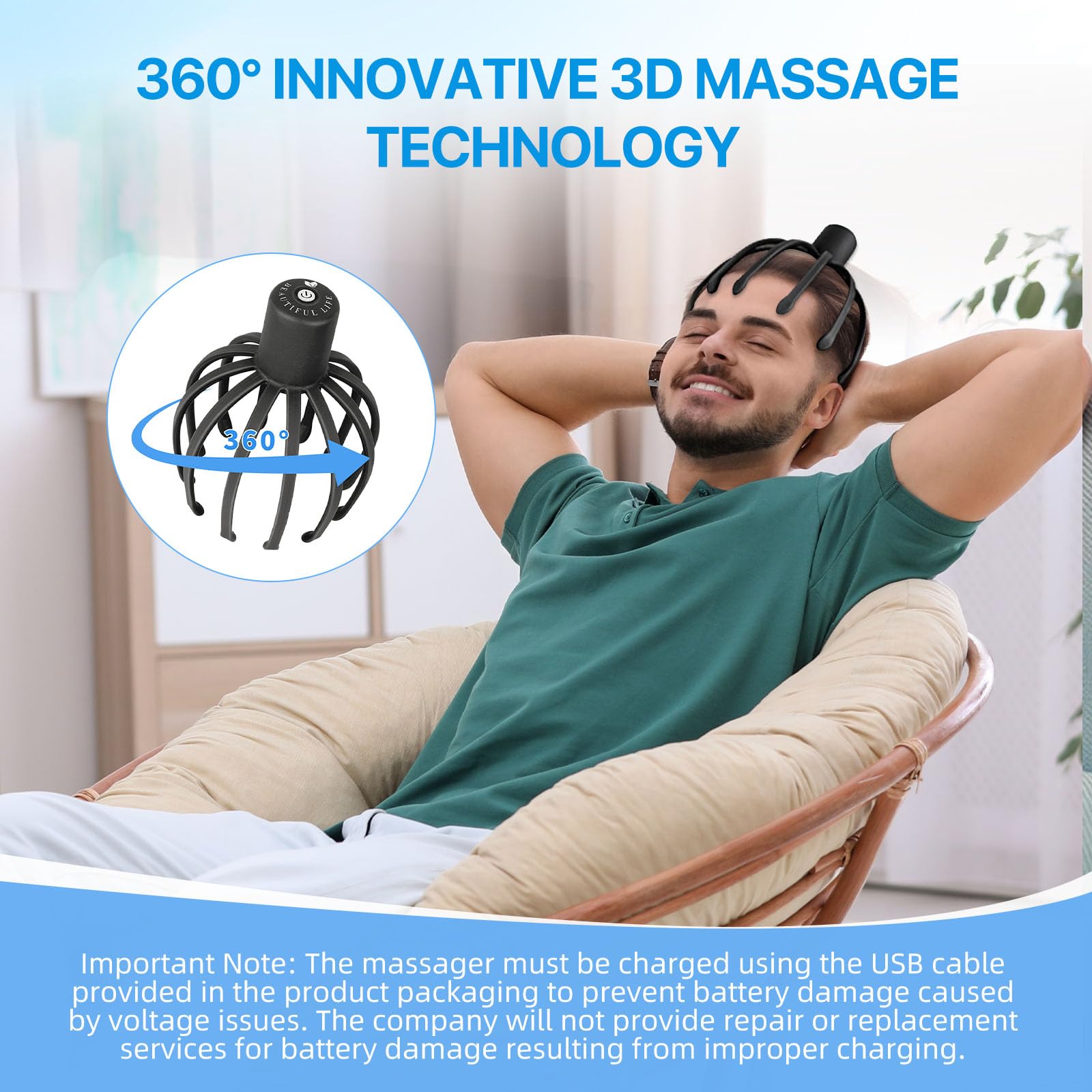 360-degree massage action targets the scalp to ease tension.