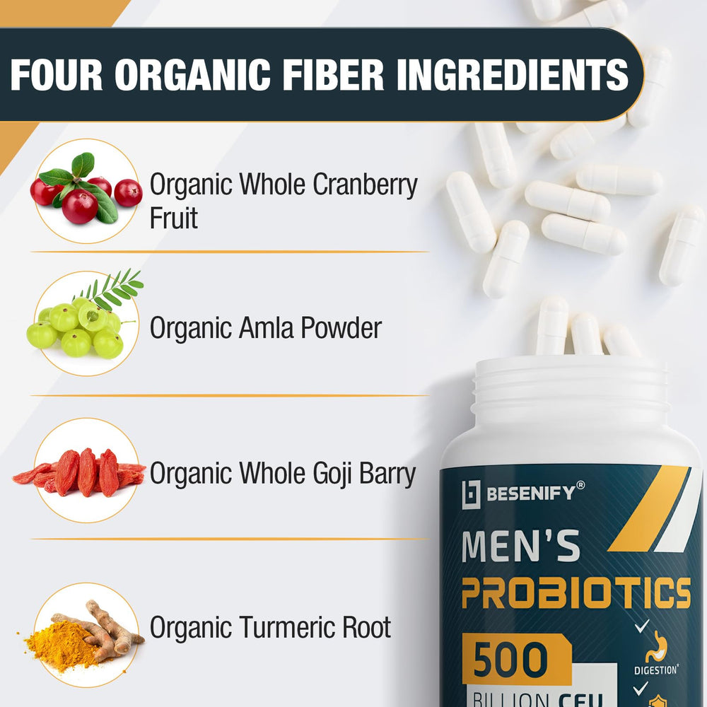 Besenify Probiotics for Men 12-strains label showcases diverse probiotic support.