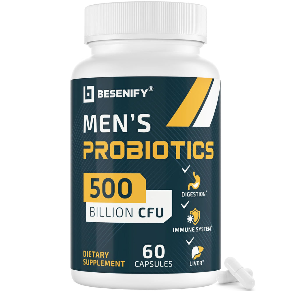 Besenify Probiotics for Men bottle highlighting 500B CFUs per capsule for gut wellness
