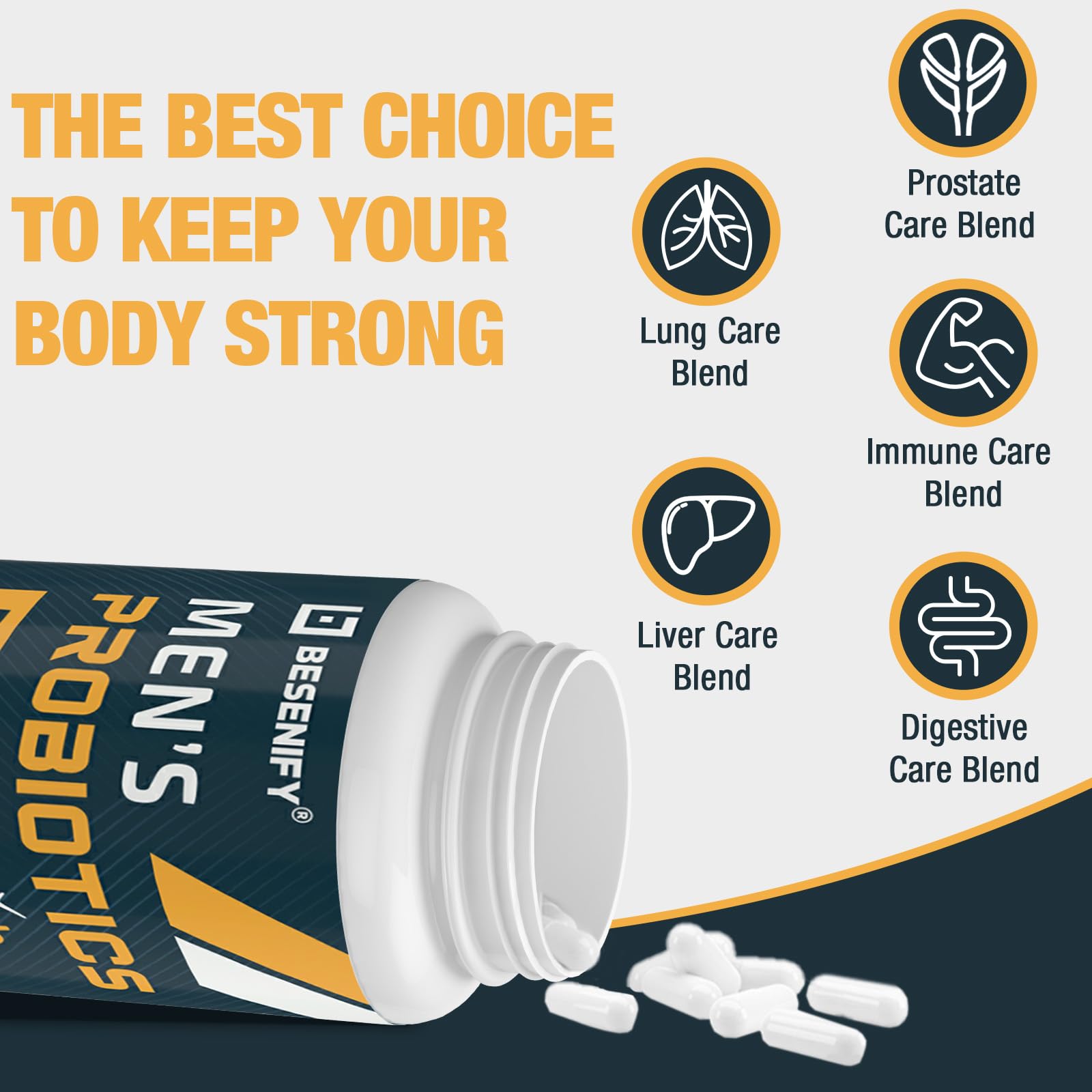 Besenify Probiotics for Men capsules inside highlights delayed-release gut delivery.