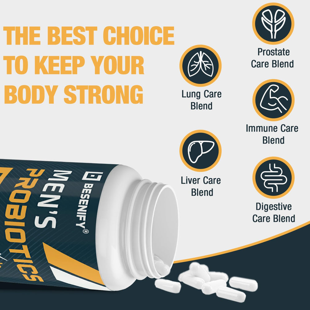 Besenify Probiotics for Men capsules inside highlights delayed-release gut delivery.