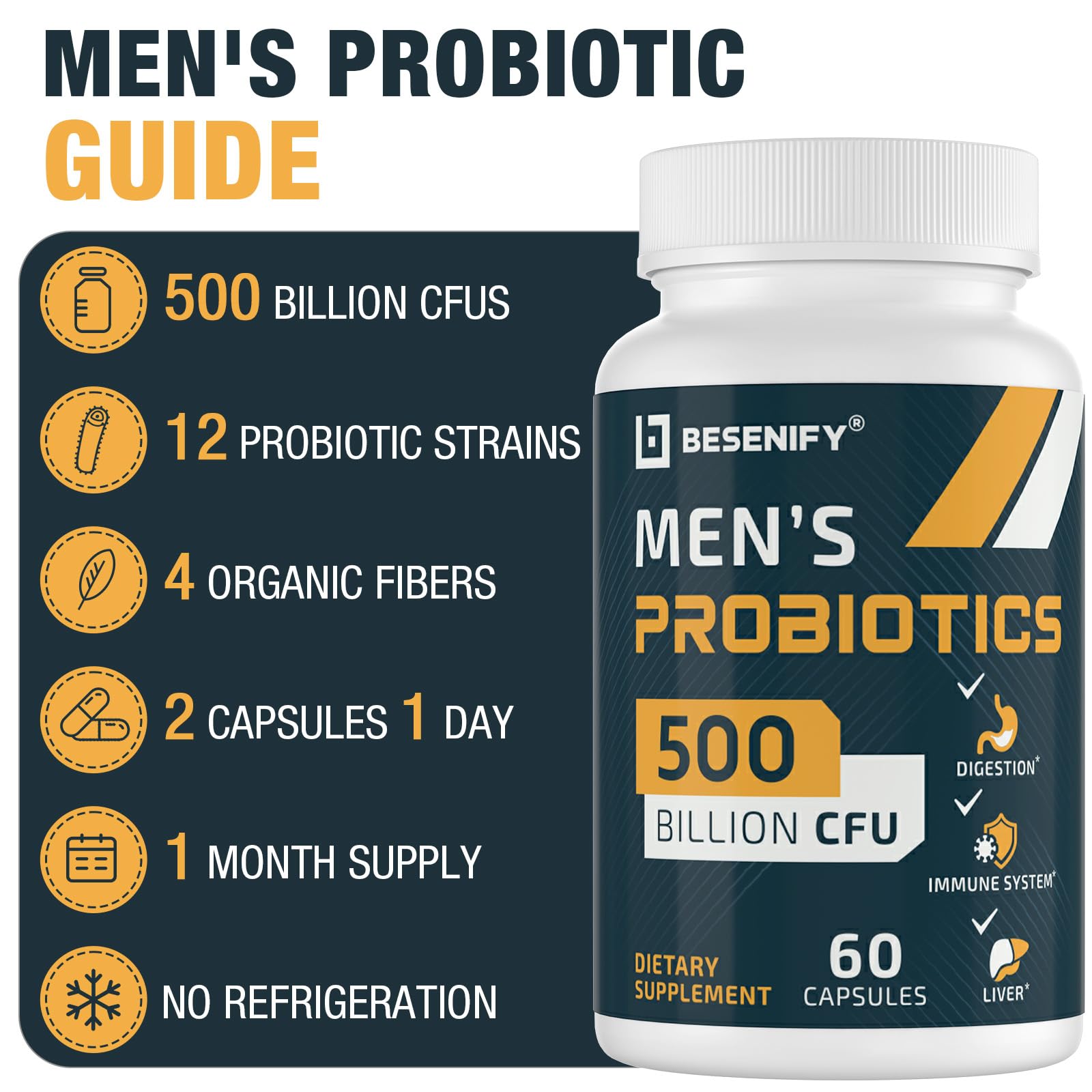 Besenify Probiotics shelf-stable bottle emphasizes portability for home and travel.