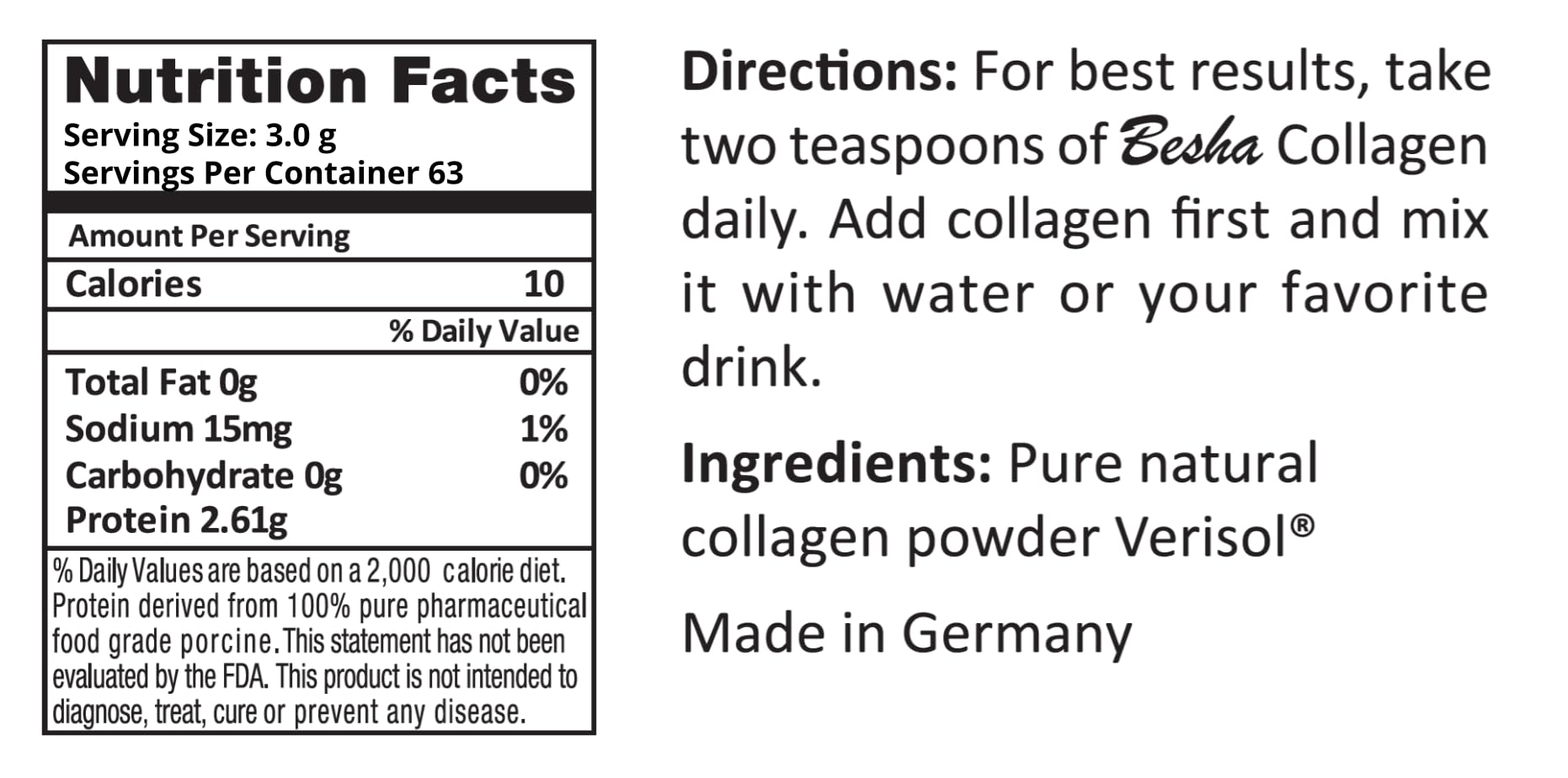 BESHA INC Verisol collagen packaging with Made in Germany mark.
