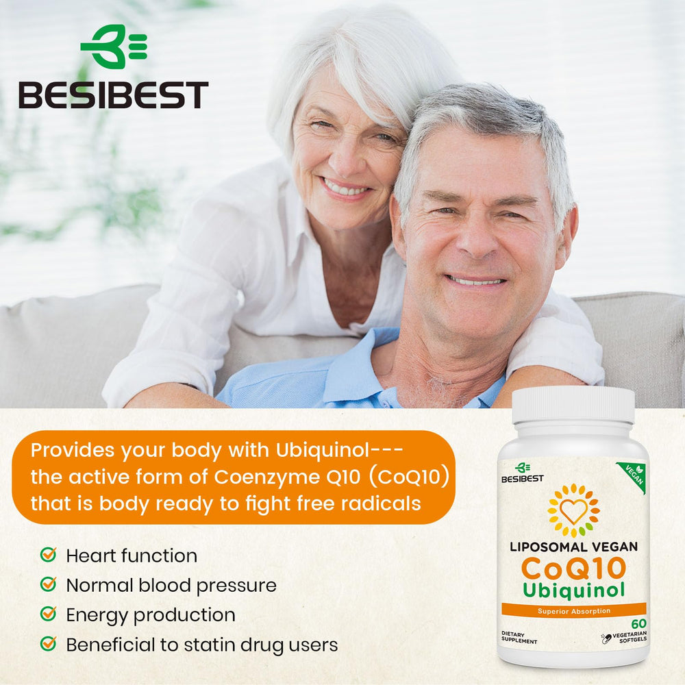 Besibest cap and label emphasize vegan, high-absorption CoQ10 in each softgel.