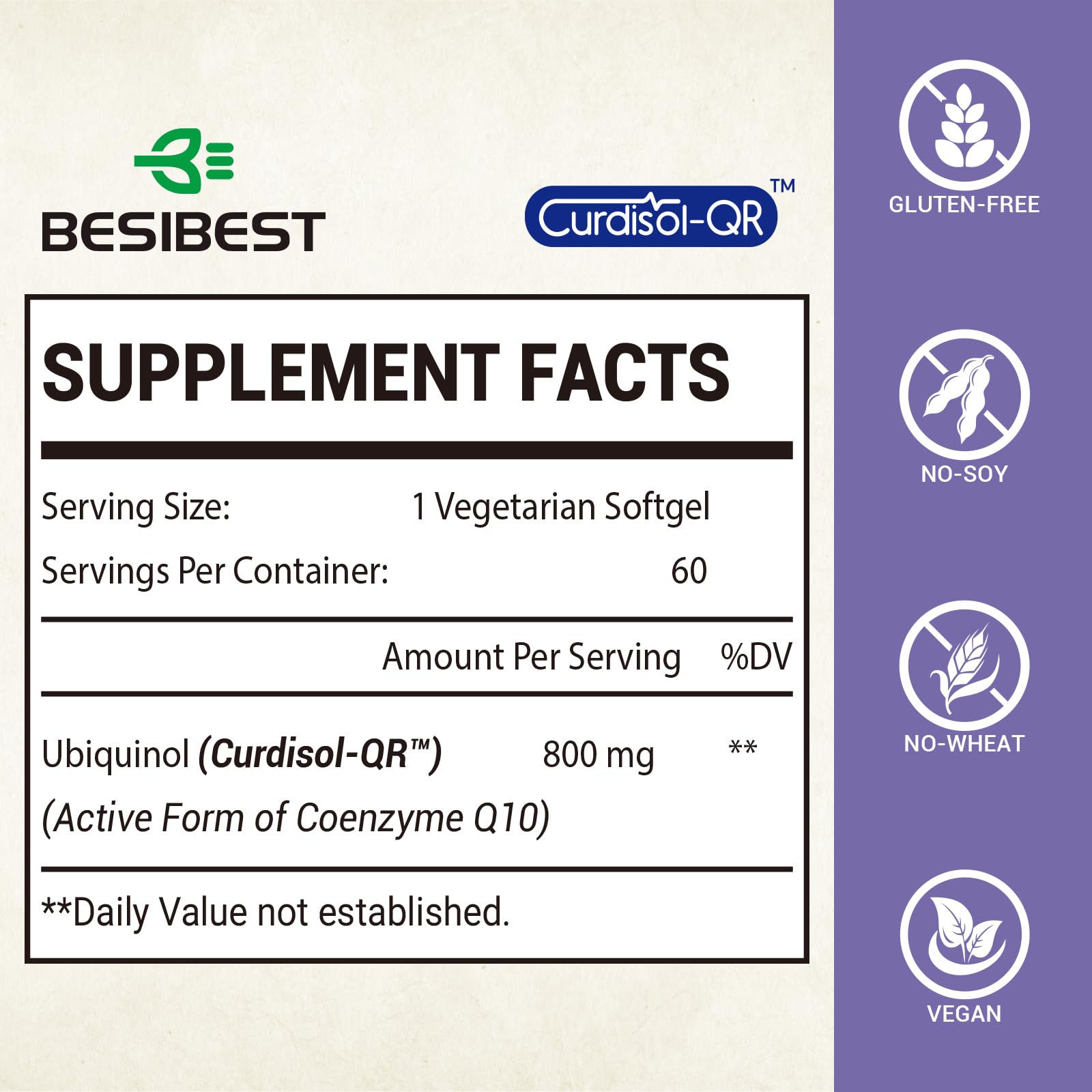 Besibest CoQ10 800 mg softgel close-up showing smooth capsule design for daily use