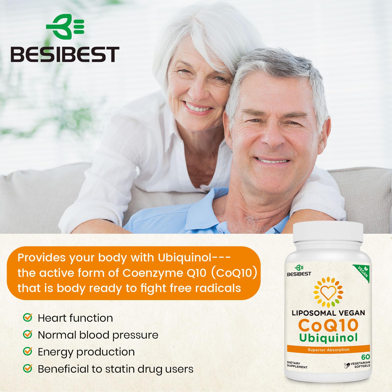 Besibest liposomal CoQ10 capsules designed for high absorption and heart energy support.