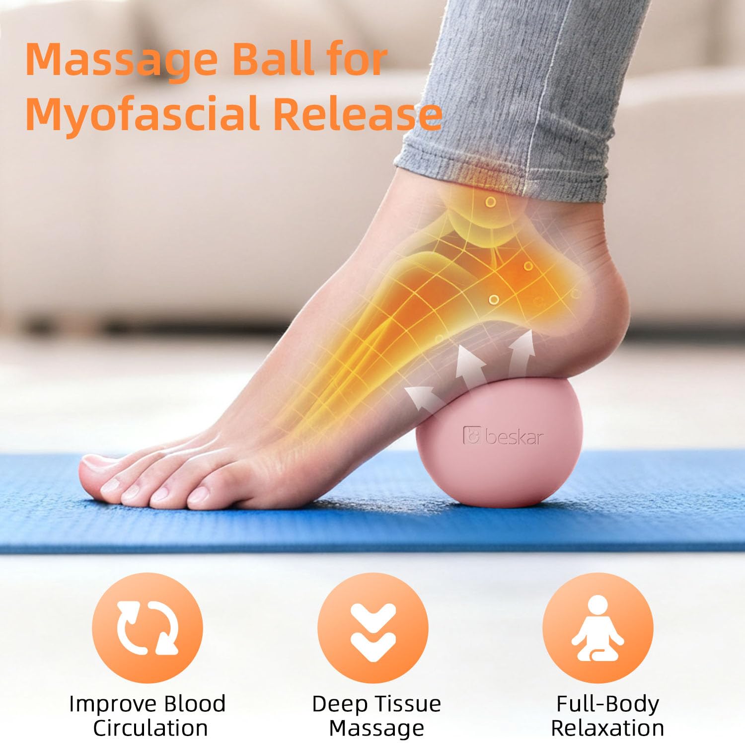 BESKAR foot massage ball targets plantar fasciitis and improves circulation.