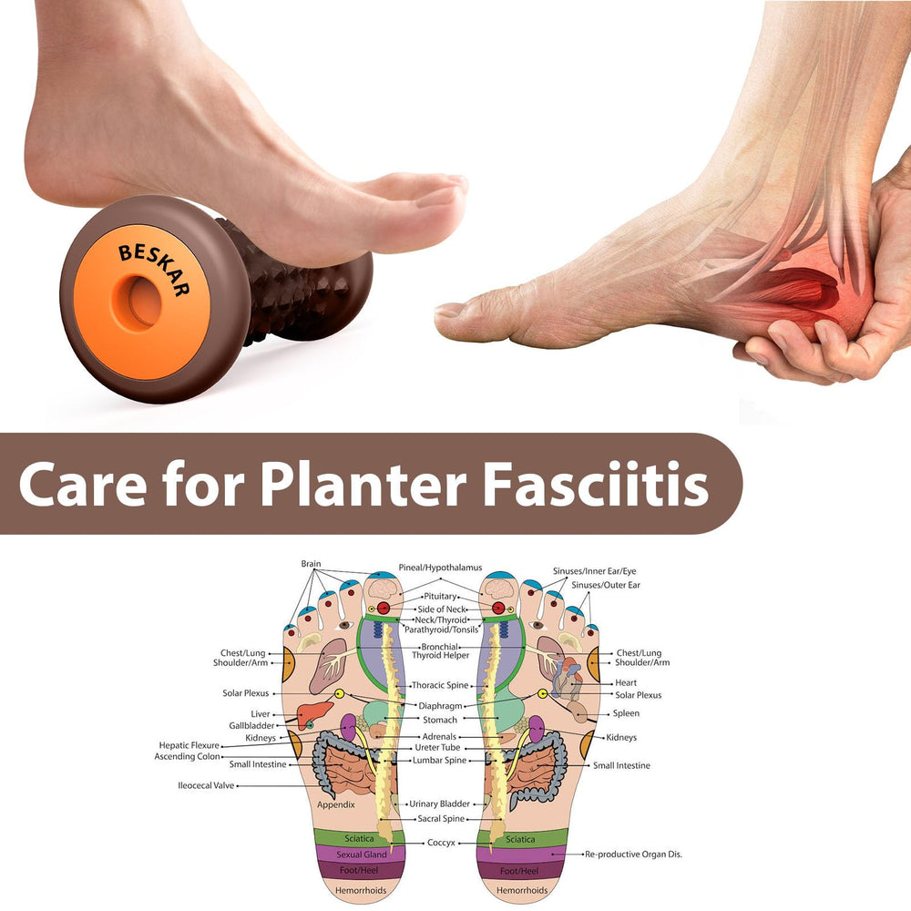 BESKAR Foot Massage Roller demonstrates acupressure nodes for calm feet.