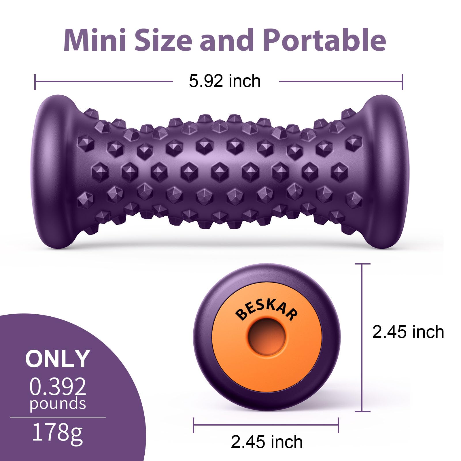 BESKAR foot massage roller portable size fits easily in a bag for travel