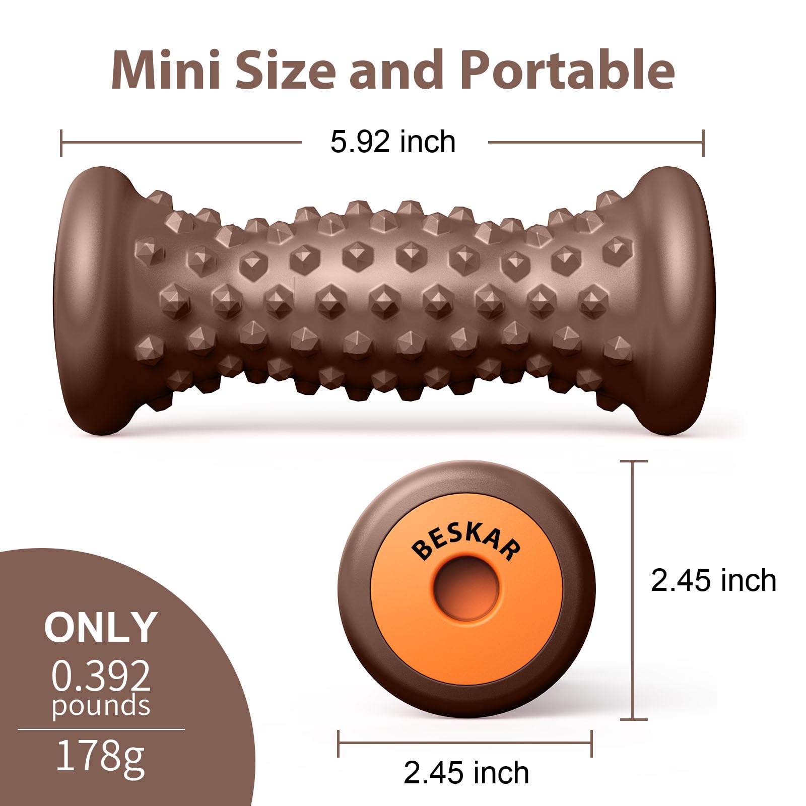BESKAR Foot Massage Roller in portable size for on-the-go relief.