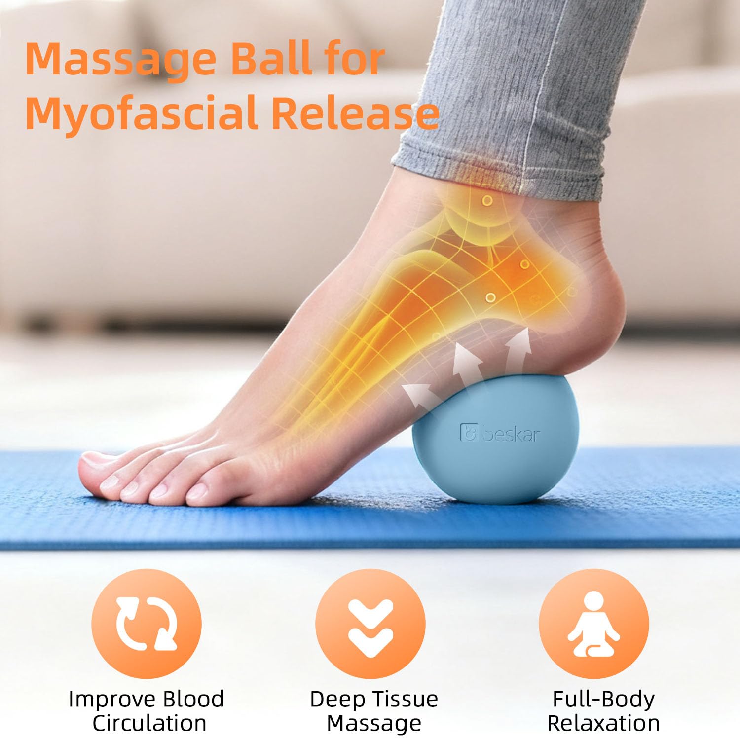 Beskar massage lacrosse ball under foot for plantar fascia relief and foot circulation.