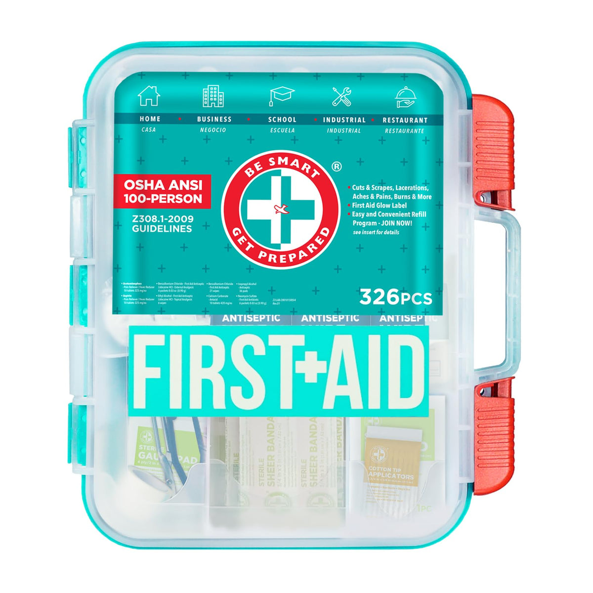 Be Smart Get Prepared teal 326-piece first aid kit case for quick emergency readiness.
