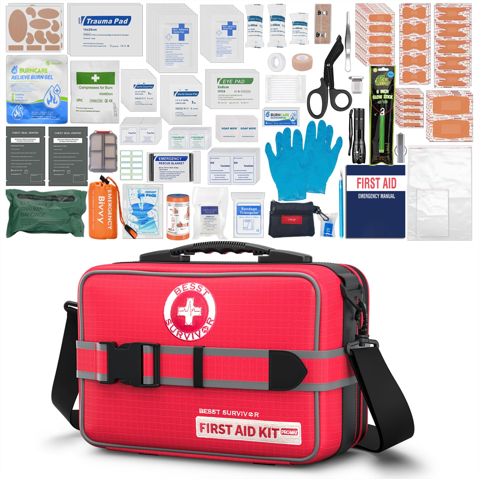 Besst Survivor 401-piece kit opened with labeled compartments for quick access during emergencies.