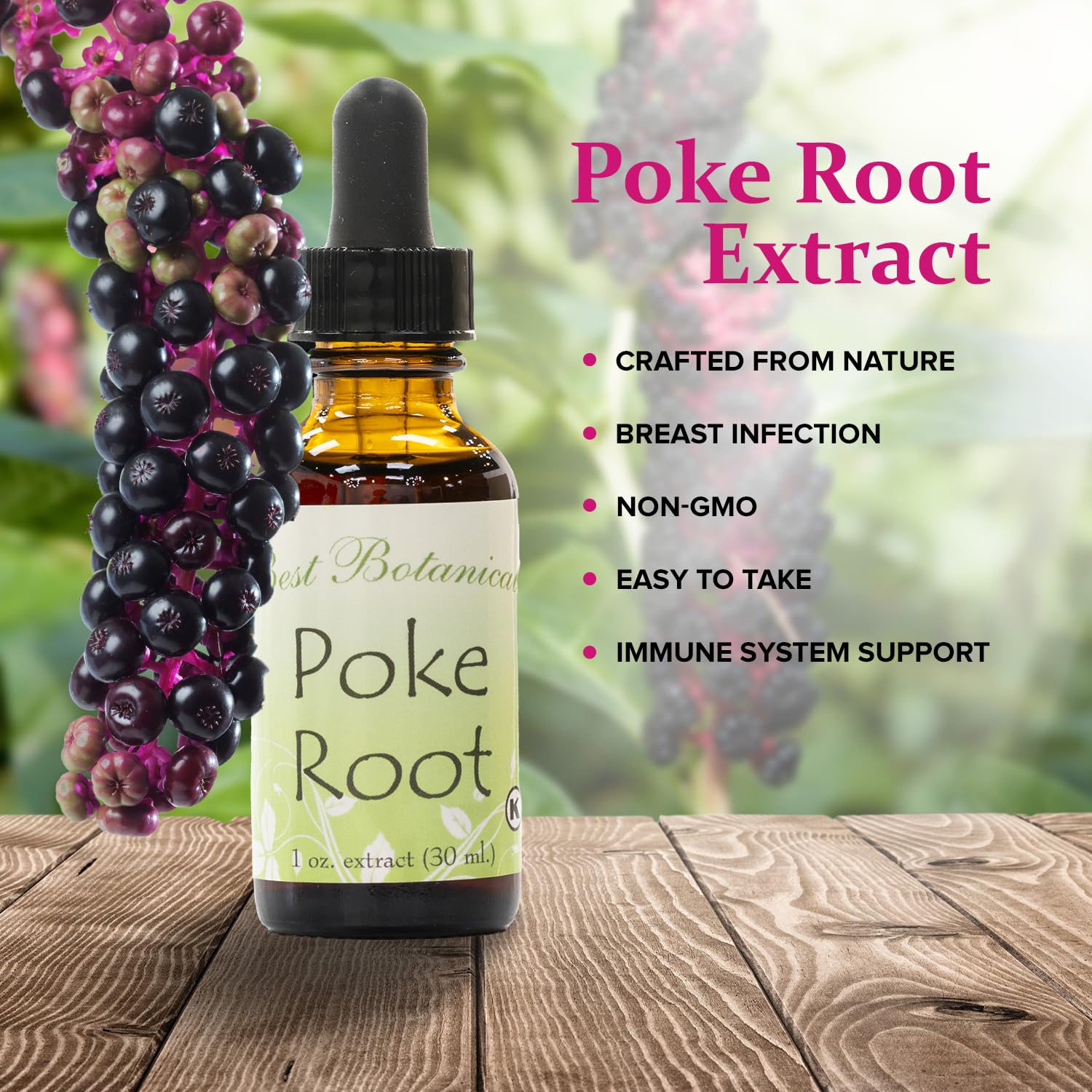 Best Botanicals Poke Root Extract label highlights organic and non-GMO.