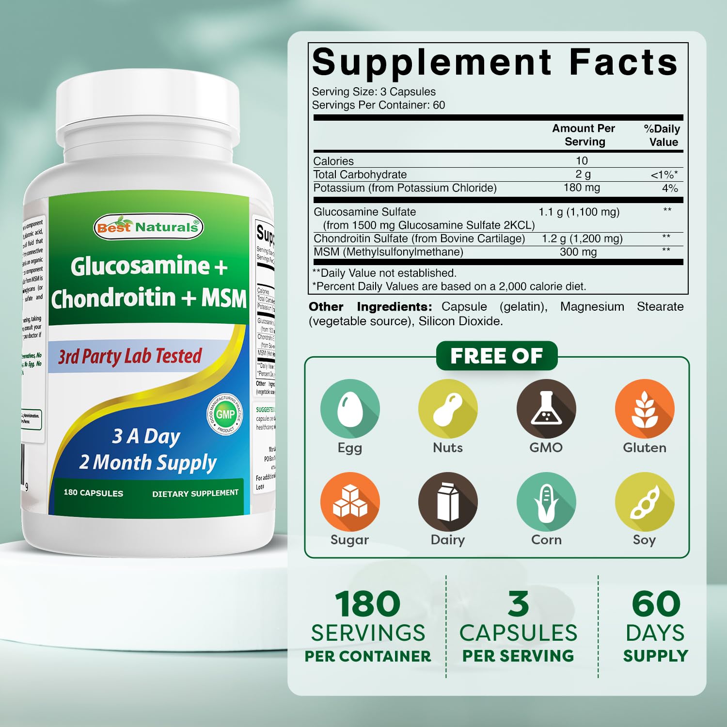 Best Naturals 2600mg serving image highlights potent glucosamine, chondroitin, and MSM blend for joints.