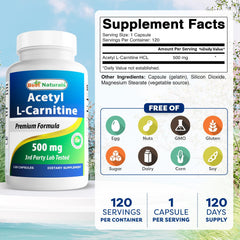 Best Naturals Acetyl L-Carnitine 500mg capsules close-up showing easy dosing